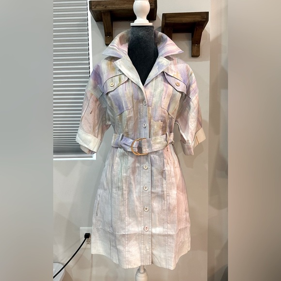 NWT ZIMMERMANN Rhythmic Multicolor Belted Linen Mini Dress Button AU 1 (US S/6) - Picture 6 of 16